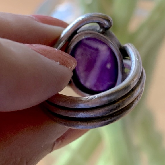 VINTAGE DESIGNER PURPLE OVAL AMETHYST CABOCHON STERLING SILVER RING HEAVY CHUNKY